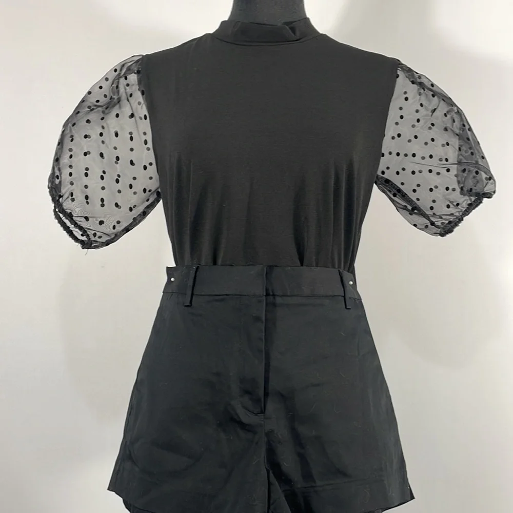 Black embellished Sheer polka dot short sleeves Top, Size Small - Picture 2 of 8